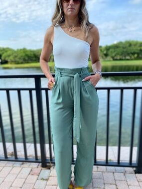 NWT Sage Green One Shoulder Belted Wide Leg Jumpsuit